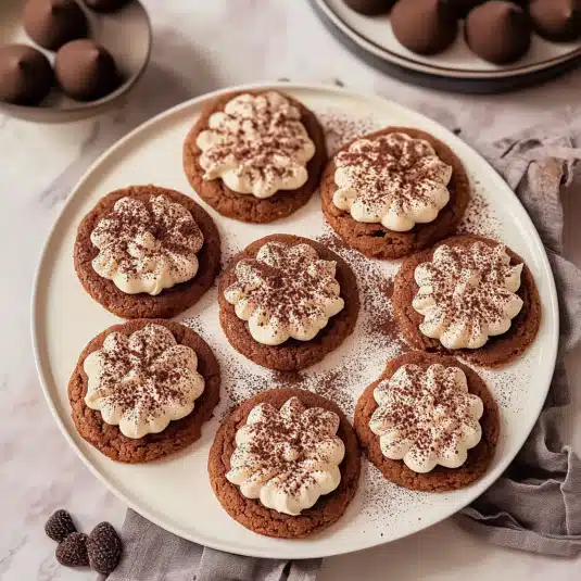 Freshly baked tiramisu cookies with cocoa dusting