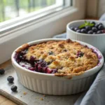 blueberry crumble gluten free dessert in baking dish
