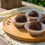 Chocolate brigadeiro recipe close-up on wooden plate
