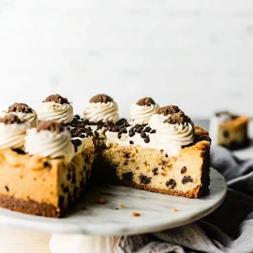 Cookie Dough Cheesecake slice on table