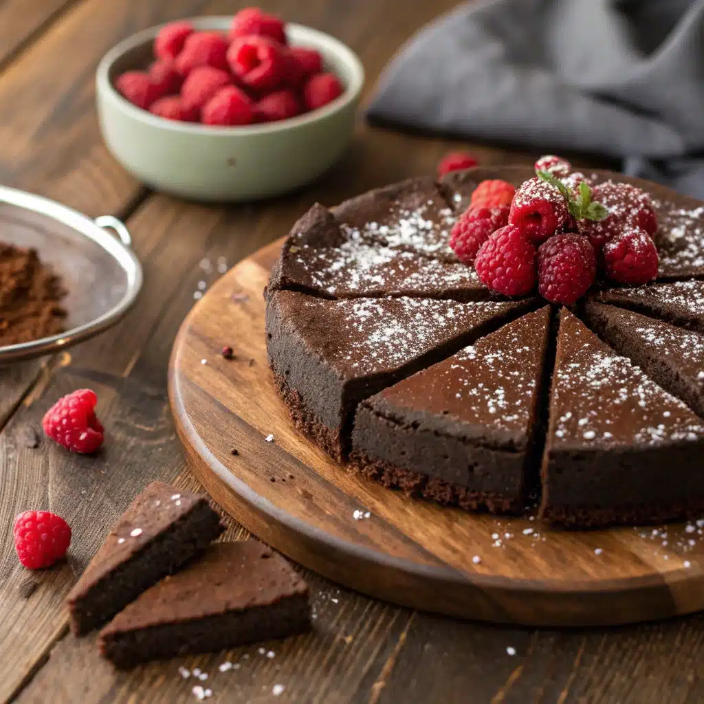 Flourless chocolate cake vegan topped with raspberries
