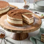 close-up tiramisu sponge cake on stand with mascarpone layers