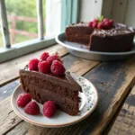 Moist vegan chocolate gluten free cake slice with ganache
