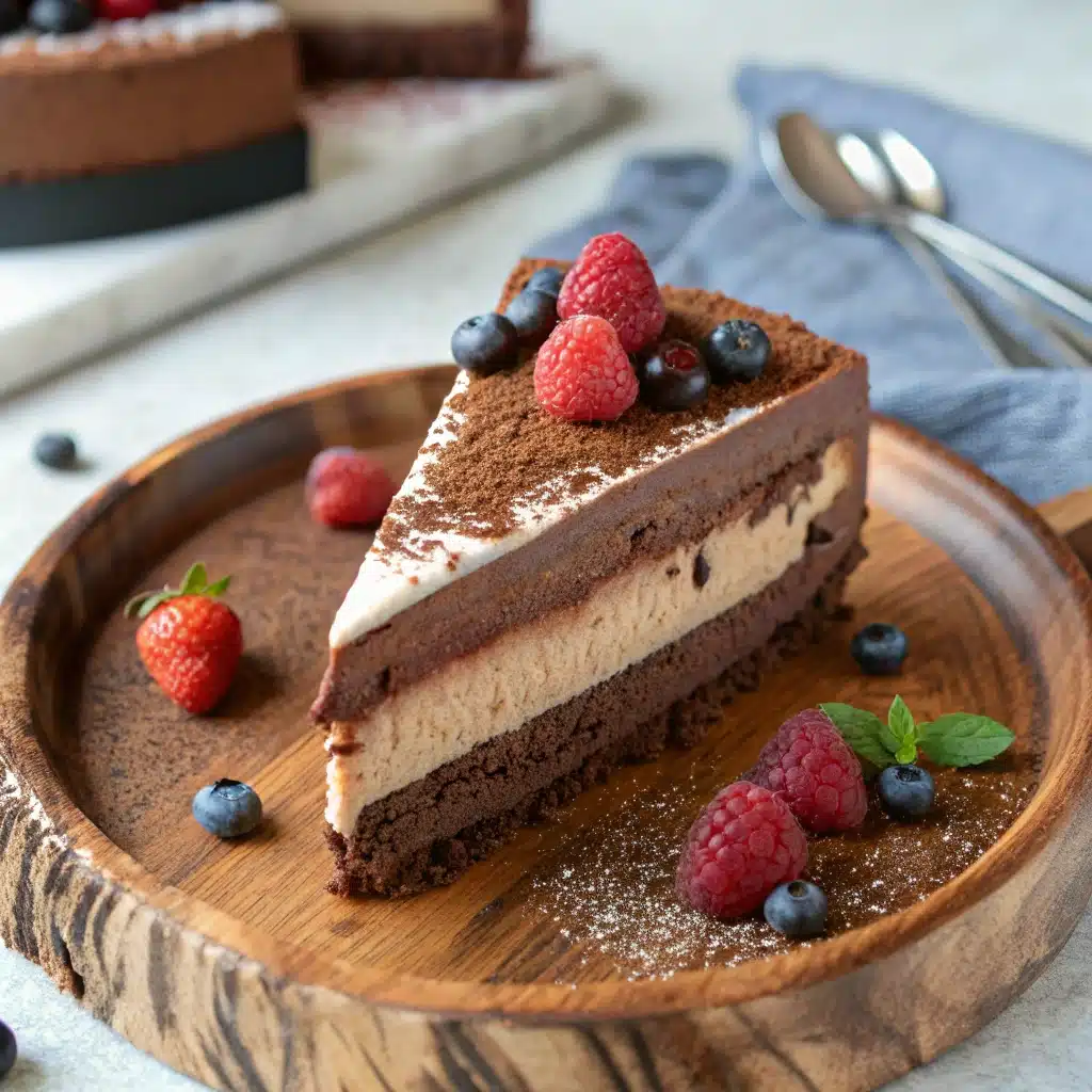 vegan chocolate mousse cake close-up slice