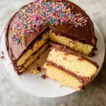 Vanilla Cake with Chocolate Frosting on rustic cake stand