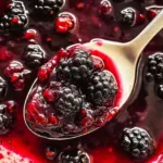 Blackberry compote simmering in saucepan