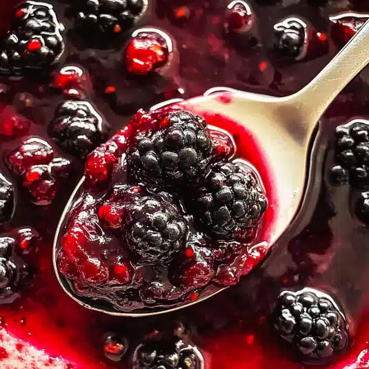 Blackberry compote simmering in saucepan