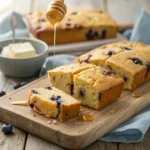 Moist blueberry cornbread with butter and honey