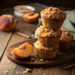 Freshly baked peach muffins with crumb topping on wooden table