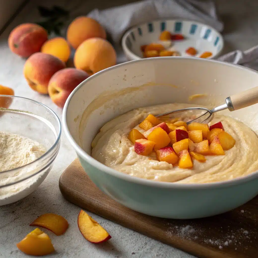 Mixing peach chunks into peach bread batter