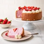 Strawberry Angel Food Cake topped with cream and berries