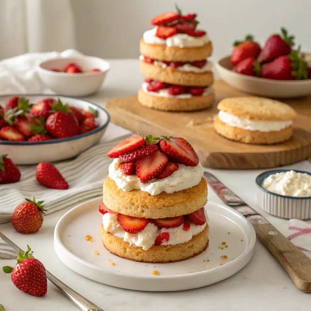 Step-by-step assembling of strawberry shortcake layers