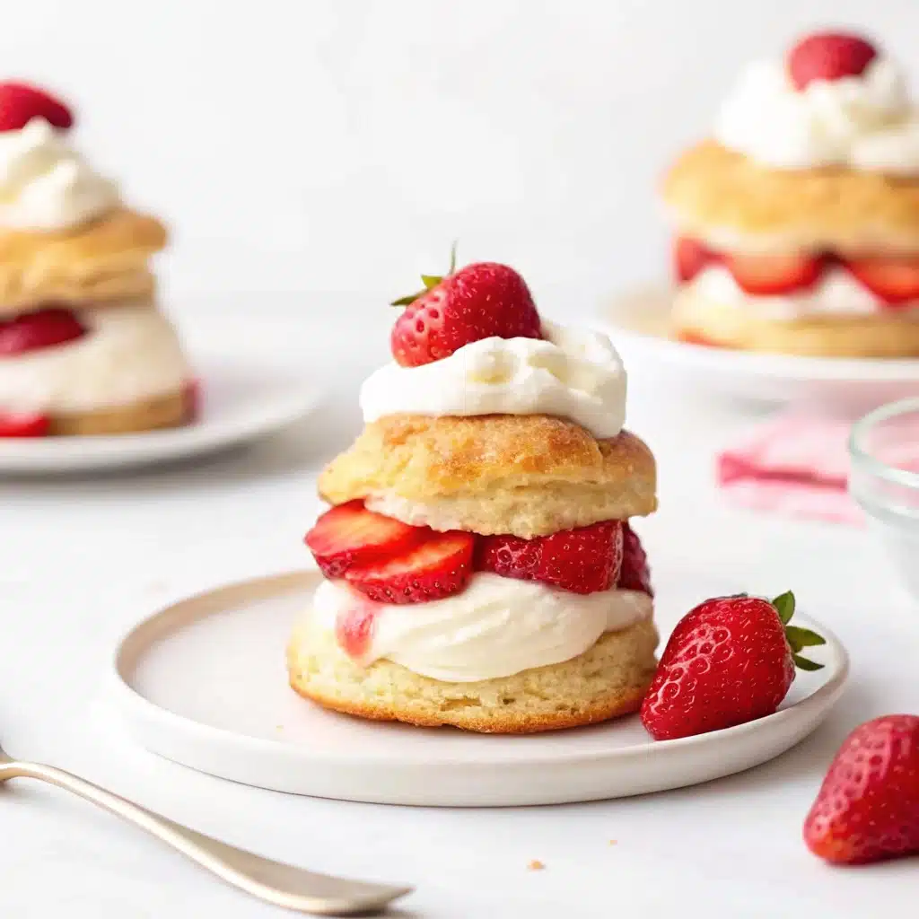 Freshly made strawberry shortcake with strawberries and cream