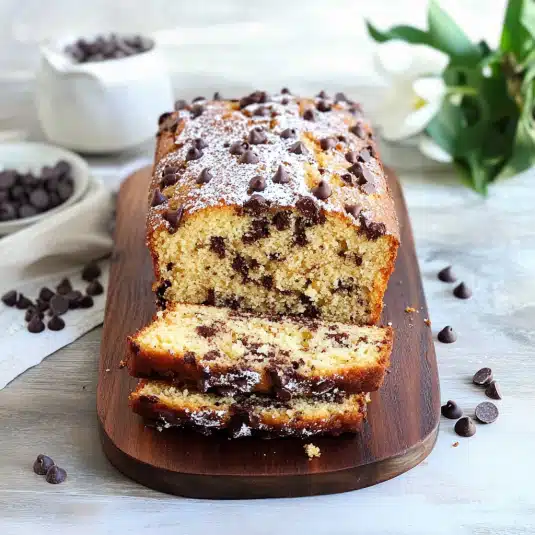 Chocolate Chip Pound Cake  on rustic board