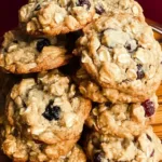 chewy cranberry oatmeal cookies on rustic tray