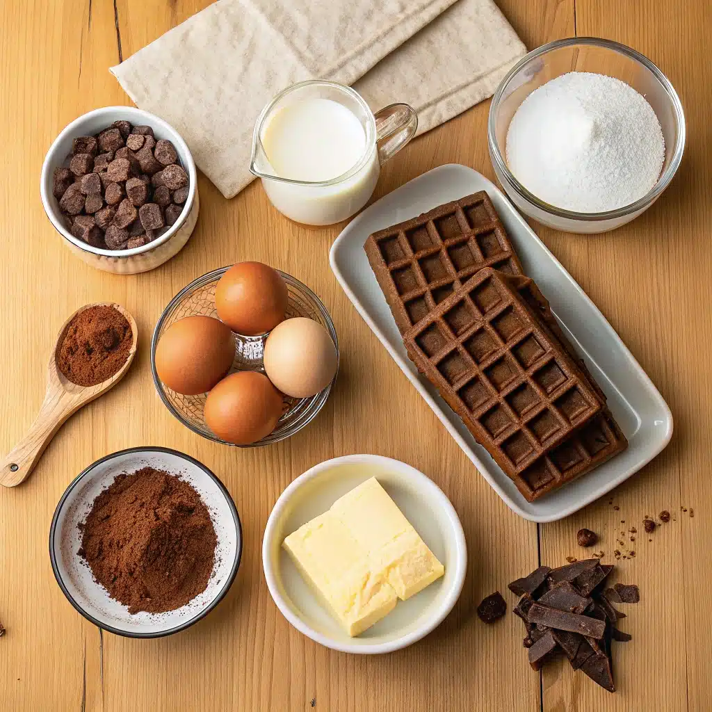 chocolate waffle ingredients laid out on kitchen counter