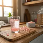 Glass of pink Himalayan salt water for Oprah Winfrey Pink Salt Recipe