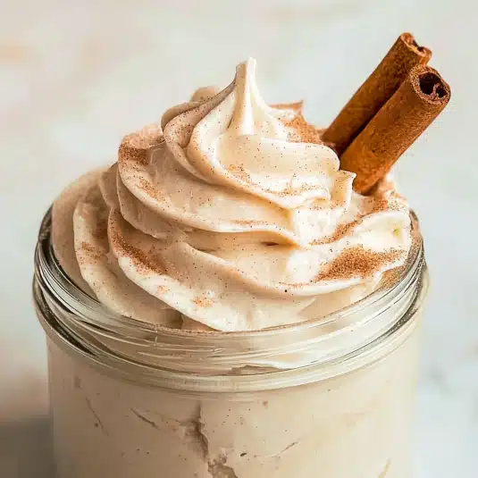 Swirled cinnamon cream cheese frosting in a glass jar topped with two cinnamon sticks