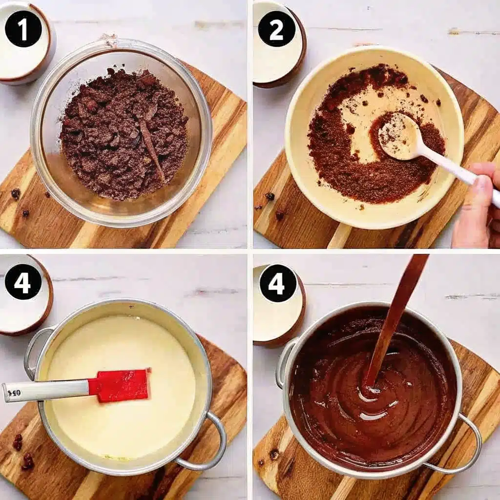 Four-step image showing how to mix chocolate and coffee to make truffle filling, with ingredients blended in bowls and a pot.