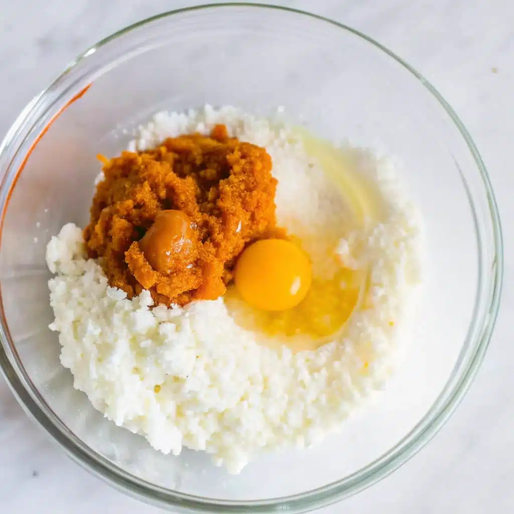 Pumpkin purée, egg, and sugar mixture in a glass bowl ready to be mixed for pumpkin bread batter.