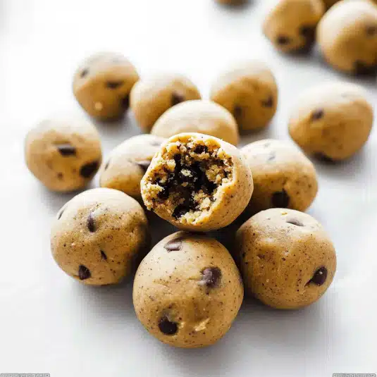 Close-up of cookie dough protein bites with chocolate chips, one with a bite taken out, showing the chewy no bake high protein texture.