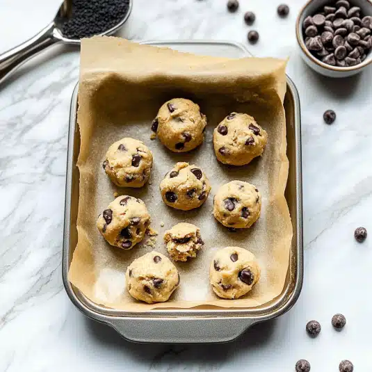 Tray lined with parchment paper holding cookie dough protein bites with chocolate chips, a simple no bake protein snack recipe.