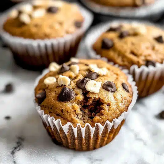 Freshly baked protein muffin topped with chocolate chips