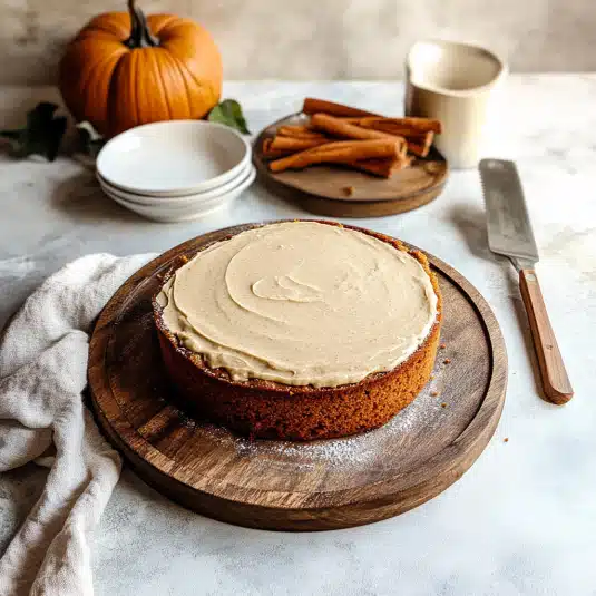 Whole pumpkin olive oil cake topped with cinnamon frosting on a wooden board with pumpkin and cinnamon sticks in the background.