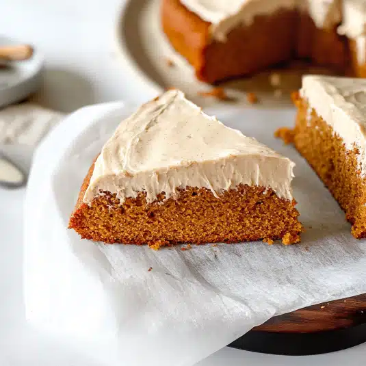 Slice of moist pumpkin olive oil cake topped with creamy cinnamon frosting on parchment paper.