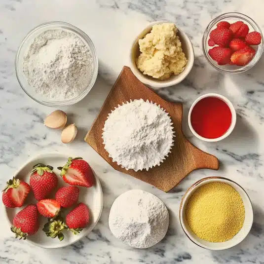 Top view of fresh strawberries, oat flour, almond flour, sweetener, and other ingredients used for making strawberry protein muffins