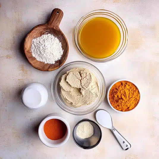 Top view of pumpkin olive oil cake ingredients including flour, olive oil, pumpkin puree, and spices arranged on a neutral background.