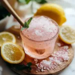 Glass of Japanese Pink Salt and Ice Recipe drink with lemon slices and mint on a wooden board