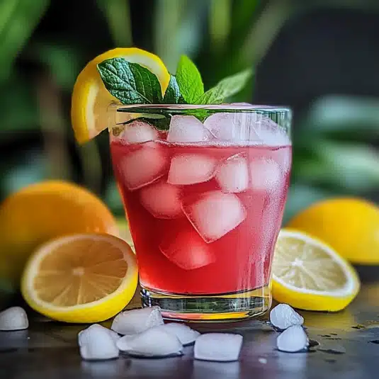 Bright pink salt and ice drink with lemon slices and mint in a glass with ice cubes