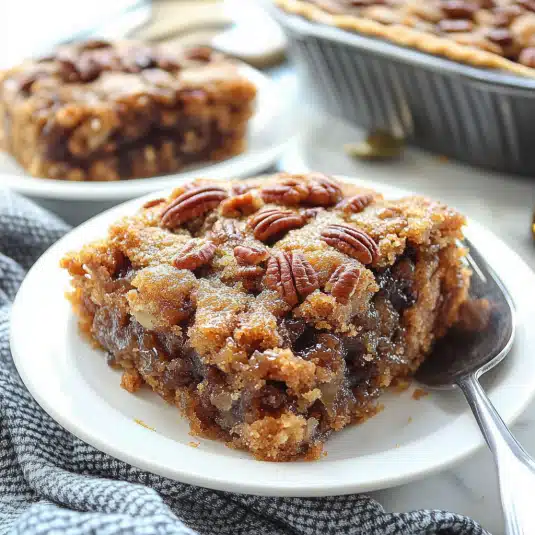 pecan pie dump cake slice topped with toasted pecans, served on a white plate with a spoon beside it.