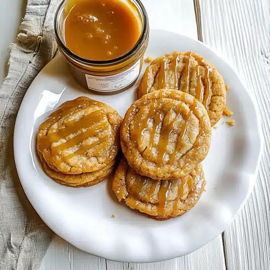 Soft and chewy caramel cookies drizzled with golden caramel sauce on a white plate beside a jar of caramel easy homemade caramel cookie recipe.