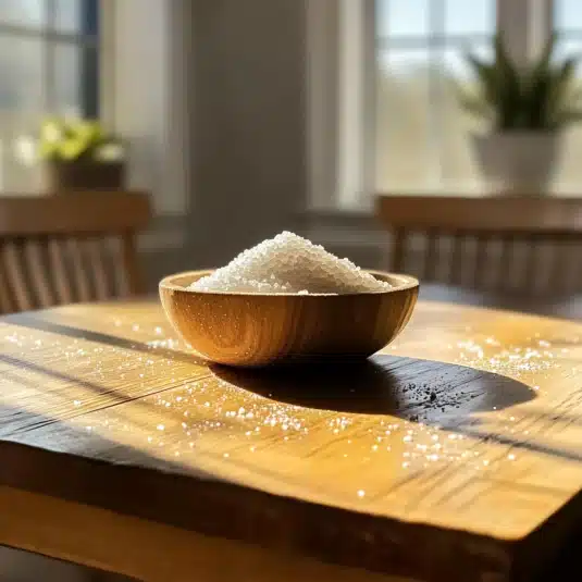 Beautiful close-up of Celtic sea salt in a wooden bowl with sunlight streaming through the window. This image evokes calm, natural energy and purity