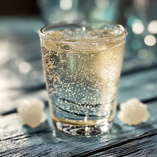 Sparkling morning mineral drink made with Celtic-Salt-Trick in a clear glass, glowing in natural light on a rustic blue wooden table.