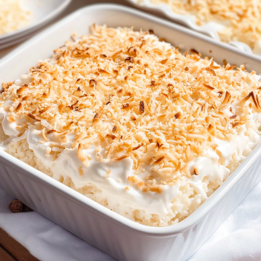 A creamy coconut poke cake topped with fluffy whipped topping and toasted coconut flakes in a white baking dish.