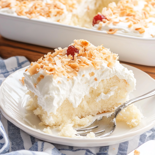 A slice of coconut poke cake topped with whipped cream and toasted coconut flakes on a white plate.