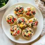 Egg white bites with spinach, roasted red peppers, and cheese arranged on a white plate.