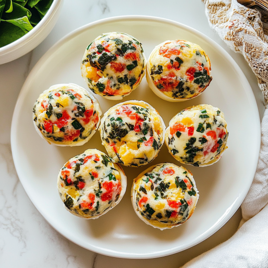Egg white bites with spinach, roasted red peppers, and cheese arranged on a white plate.