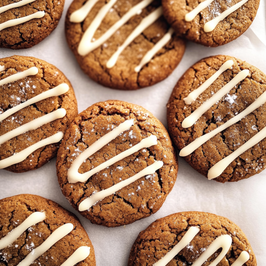 Freshly baked gingerbread latte cookies with crackled tops and a drizzle of creamy coffee icing arranged on parchment paper.