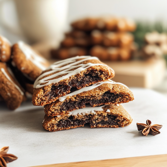 gingerbread latte cookies with crackled tops and a drizzle