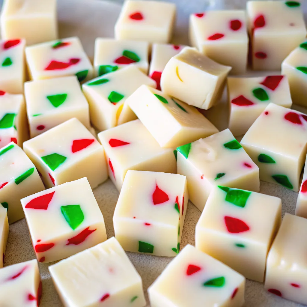 Christmas candy cubes made of white chocolate and red and green gummy pieces, styled with holiday decorations in the background.