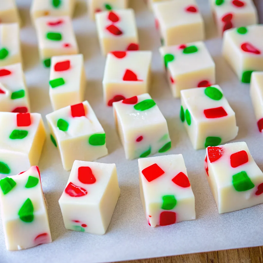 A white bowl filled with festive Grandmas Christmas Candy cubes made of white chocolate and red and green gummy pieces, styled with holiday decorations in the background.