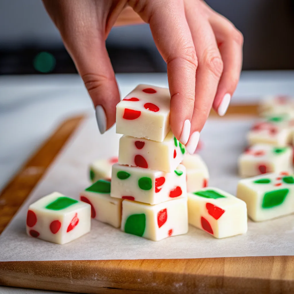 festive Christmas candy cubes made of white chocolate and red and green gummy pieces, styled with holiday decorations