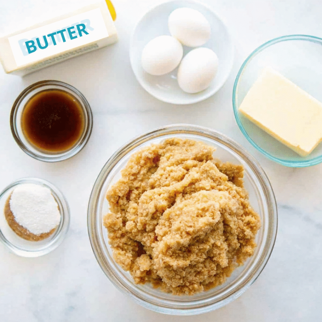 Ingredients for brown butter sugar cookies arranged on a white surface, including butter, eggs, vanilla, sugar, and brown sugar dough in a bowl.