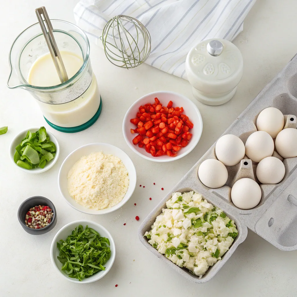 Ingredients for egg white bites including egg whites, cottage cheese, Monterey Jack, feta, spinach, roasted red peppers, and green onion.