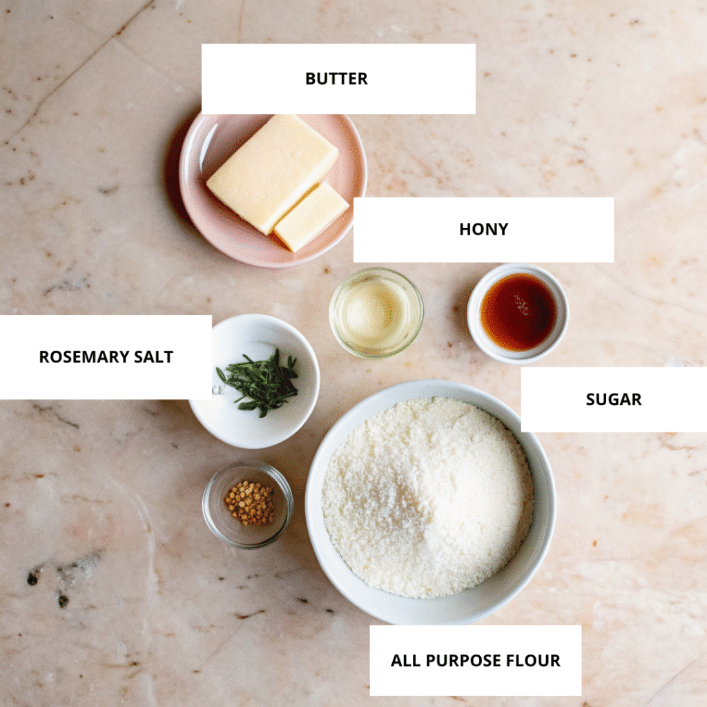 Flat lay of ingredients for rosemary shortbread cookies, including butter, honey, sugar, flour, rosemary salt, and mustard seeds arranged on a light marble surface