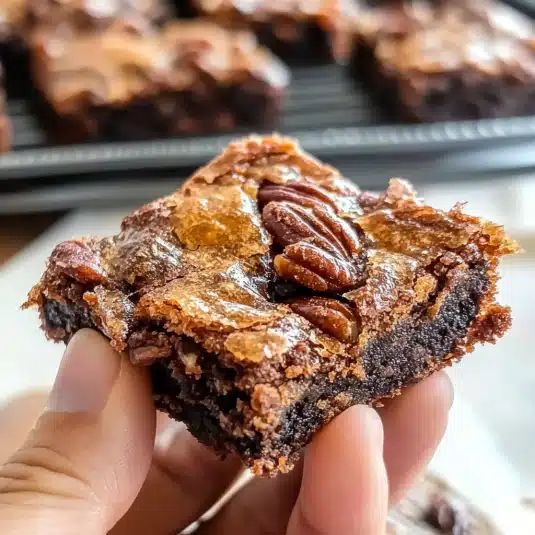 Close-up image of fudgy pecan pie brownies topped with whole pecans and caramelized pecan